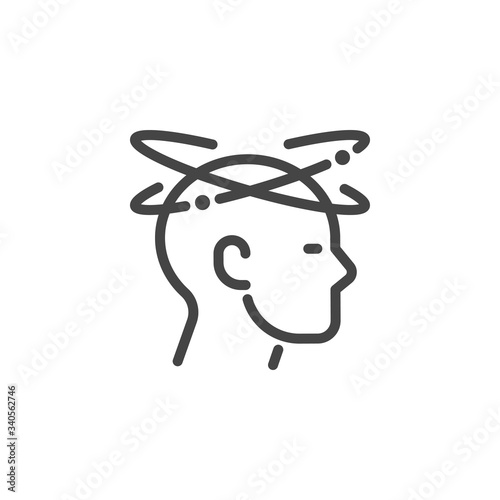 Dizziness outline icon. Graphic pictogram of man with vertigo - symptom of migraines, high blood pressure, colds, flu, coronavirus, stress, weariness. Vector illustration isolated