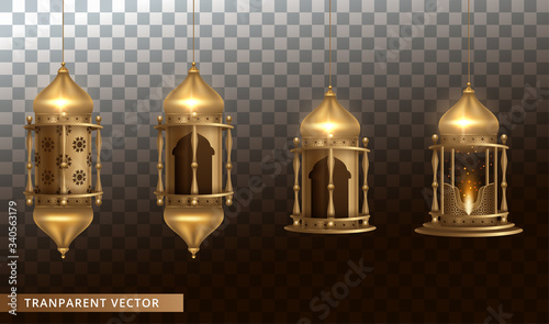 Arabic shining lamps. Lanterns isolated on transparent background. Vector Illustration
