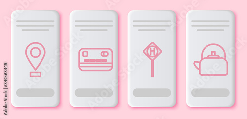 Set line Location, Credit card, Parking and Kettle with handle. White rectangle button. Vector