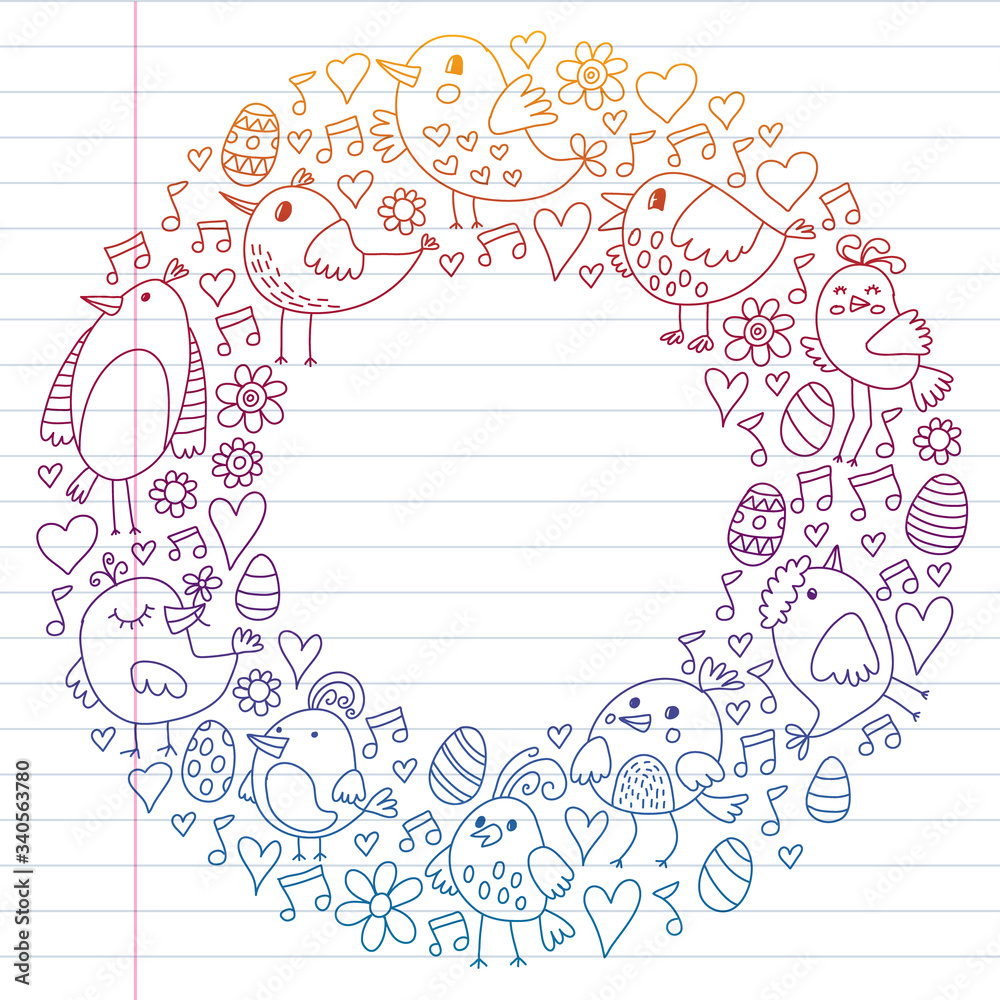 Pattern kids fabric, textile, nursery wallpaper. Vector illustration. Hand drawn singing birds and flowers for little children. Pattern kids fabric, textile, nursery wallpaper. Vector illustration. Hand drawn singing birds and flowers for little children.