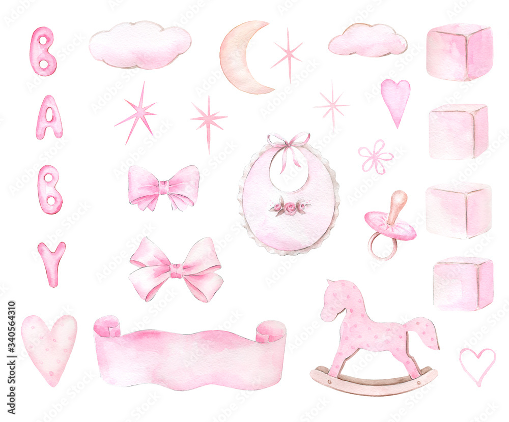 Newborn Baby Girl clipart set..Watercolor hand drawn illustrations with ...
