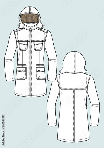 Parka uomo con cappuccio e pelo disegno piatto sketch fashion illustration fronte e retro mock up vettoriale