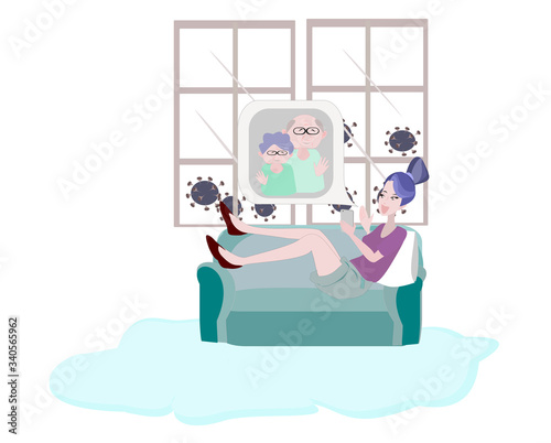 Illustration vector  Woman lying on the sofa and talking on the phone with her family. Girl stay at home because outbreak of the covid-19 virus. People cartoon character. Flat design. New normal.