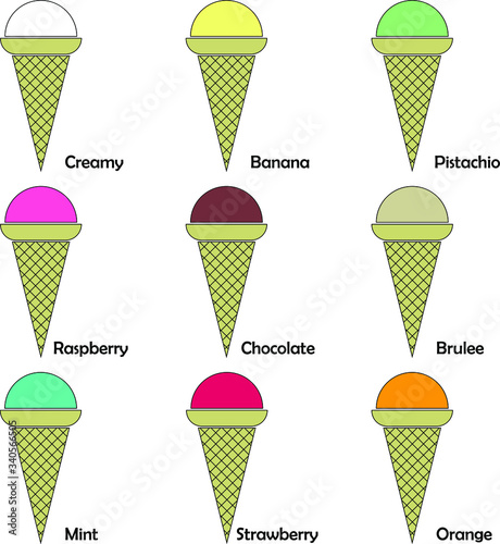 Collage of colorful vector illustrations, images or icons of different kinds of ice cream on white background