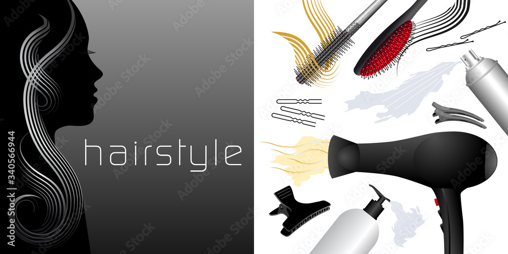 Deux illustration vectorielles - une silhouette de femme et d’une selection d’objets concernant la coiffure.