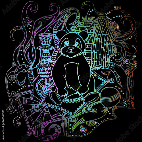 Panda in a tent. Bear smokes a hookah. Bamboo branches and carpets on the floor and walls. Bright psychedelic drawing. Freehand sketch. Bright outline.