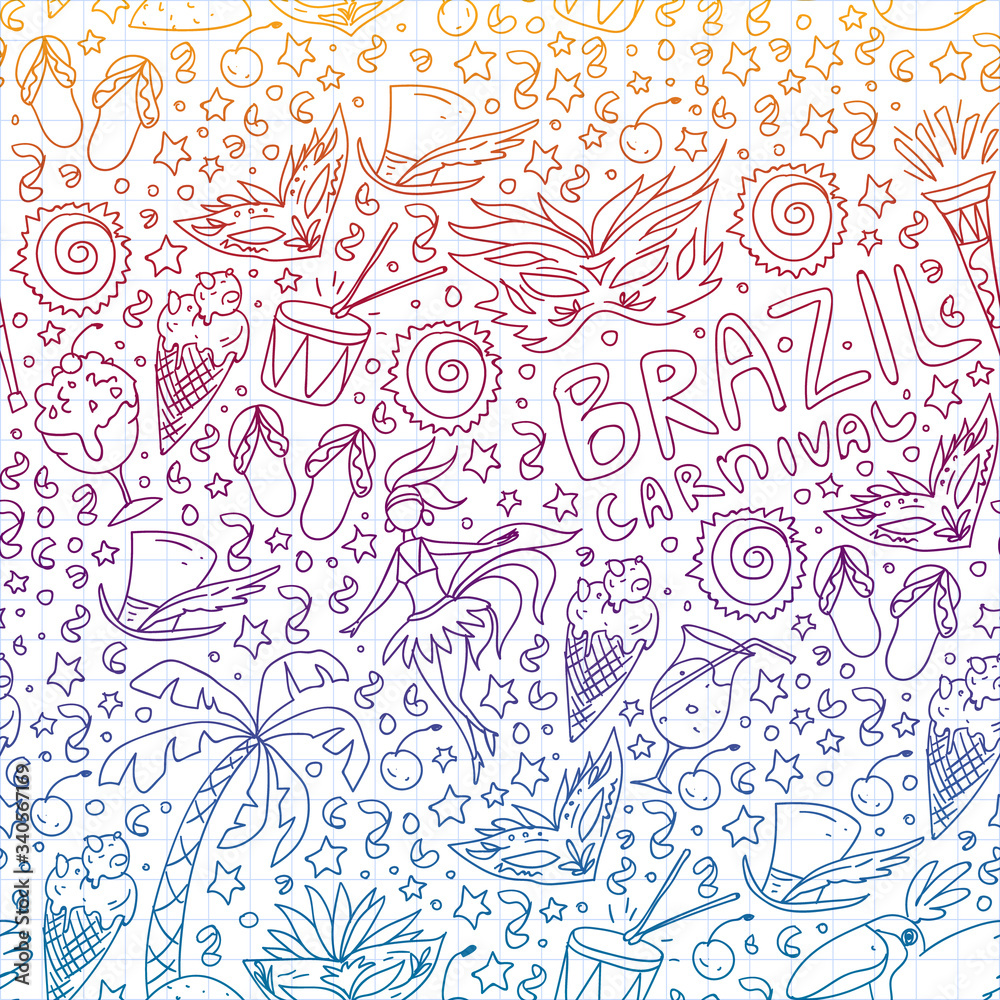 Brazilian vector pattern with palm, beach, sea, carnival. Brazil icons for posters and banners. Brazilian vector pattern with palm, beach, sea, carnival. Brazil icons for posters and banners.