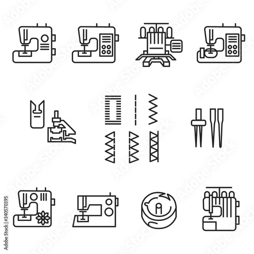Sewing machines and accessories icons in line style