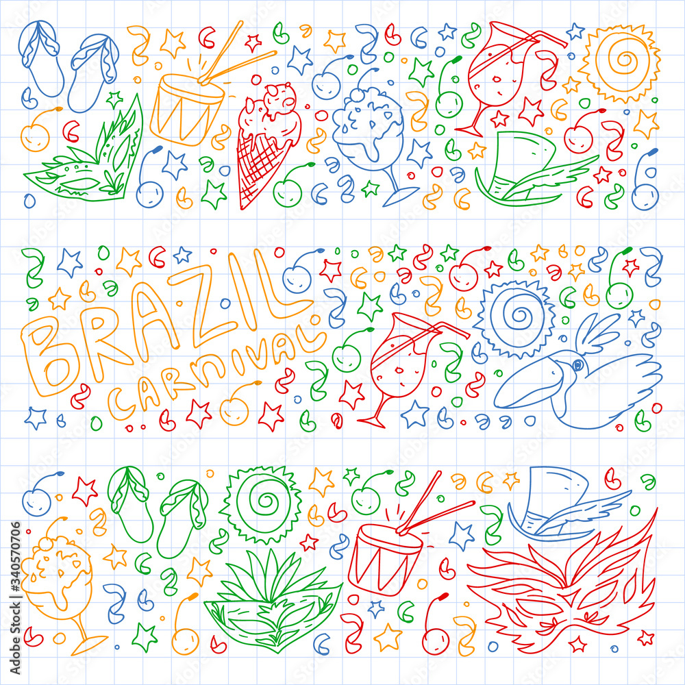 Brazilian vector pattern with palm, beach, sea, carnival. Brazil icons for posters and banners. Brazilian vector pattern with palm, beach, sea, carnival. Brazil icons for posters and banners.