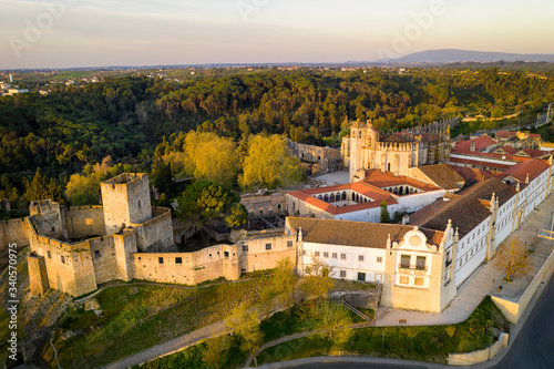 Aerial drone view of Convento de cristo christ convent in Tomar at sunrise, Portugal