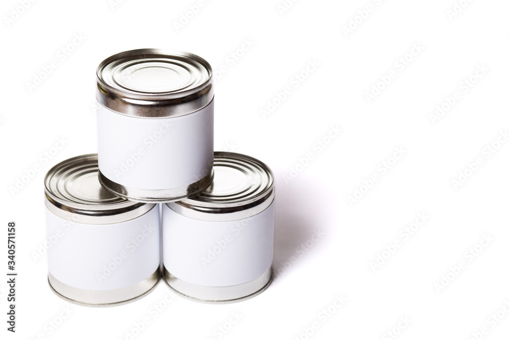 Metal cans without lable. Preservation cans with copy space.