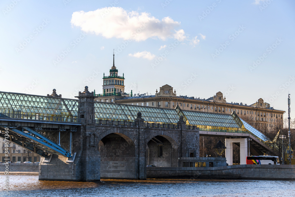 View of the bridge with a glass roof. Bridge over the Moscow river.