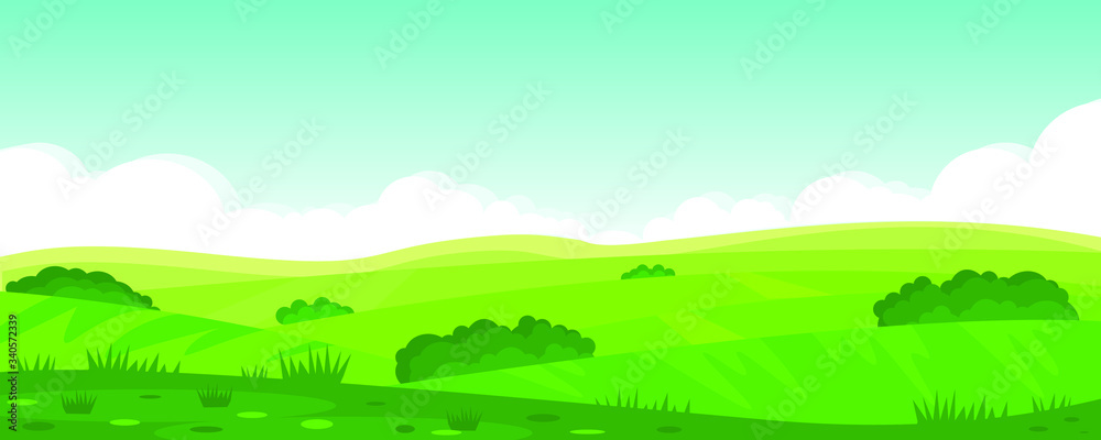 Vector illustration of beautiful summer fields landscape, green hills, bright color blue sky, country. Background in flat cartoon style, banner.