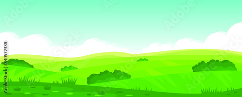 Vector illustration of beautiful summer fields landscape  green hills  bright color blue sky  country. Background in flat cartoon style  banner.