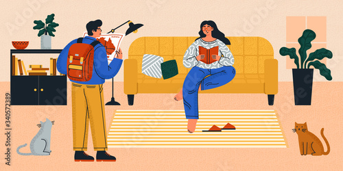 Color vector illustration about self-isolation. Cute girl sitting on a sofa in a comfortable room and reading a book. Illustration is suitable for banners and poste