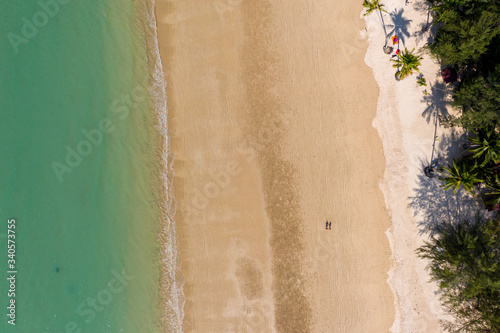 Aerial view of a deserted tropical beach in Thailand during the 2020 Coronavirus pandemic lockdown