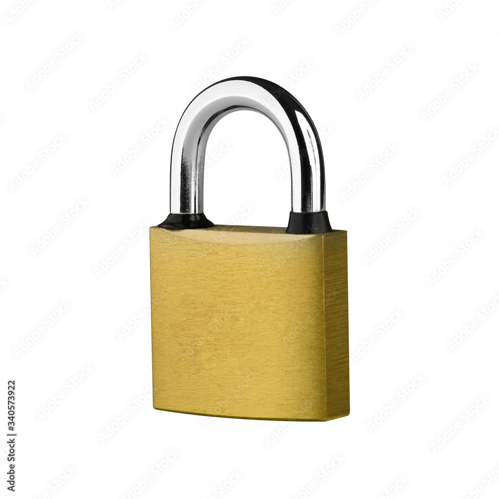 PADLOCK. Yellow metallic padlock on white background. Clipping Path. . PADLOCK. Yellow metallic padlock on white background. Clipping Path. .