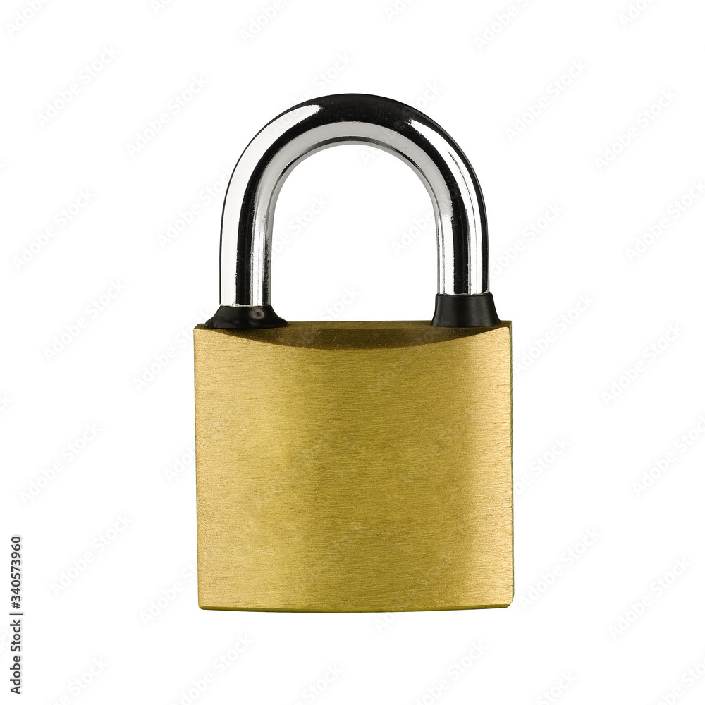 PADLOCK. Yellow metallic padlock on white background. Clipping Path. PADLOCK. Yellow metallic padlock on white background. Clipping Path.