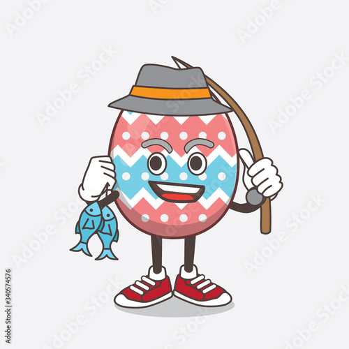 Easter Egg cartoon mascot character fishing with 2 fishes