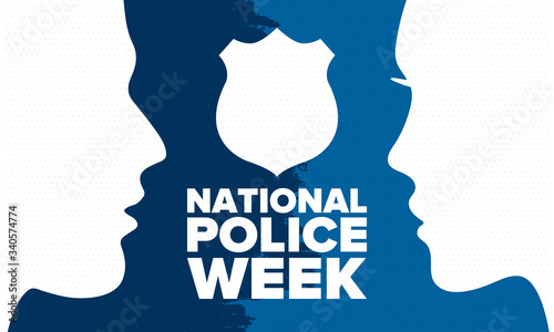 National Police Week in May. Celebrated annual in United States. In honor of the police hero. Police badge and patriotic elements. Officers Memorial Day. Poster, card, banner. Vector illustration
