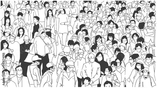 Illustration of large city crowd with face masks in black and white