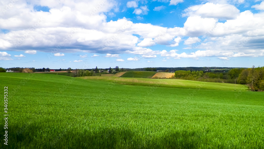 Hills and fields of Wiezyca Kashubia region, Poland. Travel and nature concept.