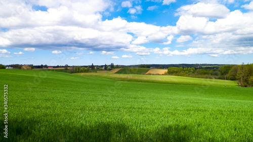 Hills and fields of Wiezyca Kashubia region, Poland. Travel and nature concept.