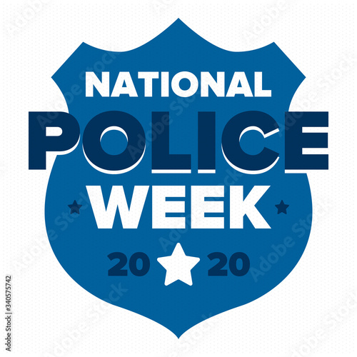 National Police Week in May. Celebrated annual in United States. In honor of the police hero. Police badge and patriotic elements. Officers Memorial Day. Poster, card, banner. Vector illustration
