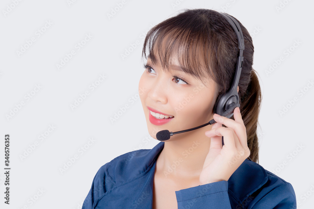 Beautiful young asian business woman customer service job call center in headset isolated on white background, girl speaking assistant in hotline support phone operator, communication concept. Beautiful young asian business woman customer service job call center in headset isolated on white background, girl speaking assistant in hotline support phone operator, communication concept.