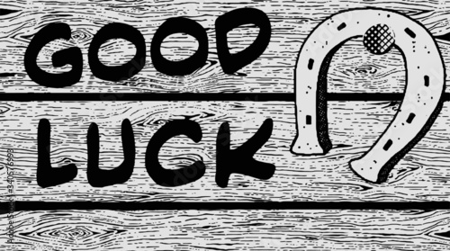 good luck vector drawing illustration image horseshoe on a nail wooden boards