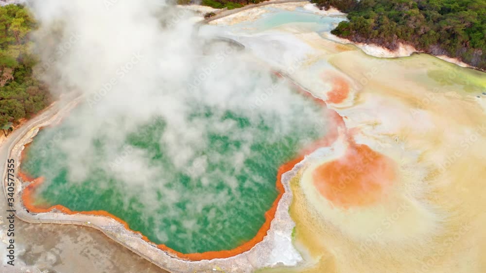 Geothermal Landscape with hot boiling mud and sulphur springs due to volcanic activity in Wai-O-Tapu, Thermal Wonderland New Zealand