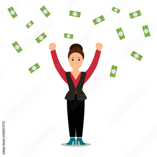 Successful wealthy woman money rain illustration