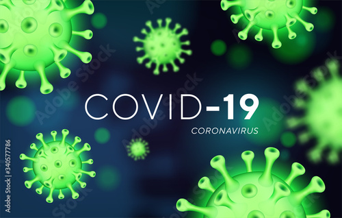 COVID-19 coronavirus banner, 3d illustration 2019-nCoV . Poster with coronavirus pandemic and warning concept. Background with realistic 3d virus cells. Horizontal banner, poster, header for website