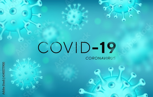COVID-19 coronavirus banner, 3d illustration 2019-nCoV . Poster with coronavirus pandemic and warning concept. Background with realistic 3d virus cells. Horizontal banner, poster, header for website