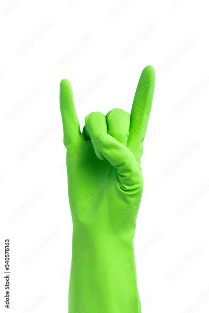 Hand with green rubber protect glove isolated on white gesturing gesturing rock, rocker, goat, roxanne. Signs of gestures (language), gloves cleaning, kitchen gloves. Hand with green rubber protect glove isolated on white gesturing gesturing rock, rocker, goat, roxanne. Signs of gestures (language), gloves cleaning, kitchen gloves.