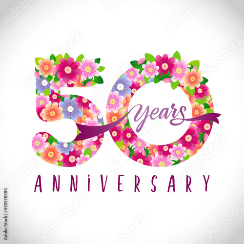 50 th anniversary numbers. 50 years old logotype. Floral pink congrats. Isolated abstract graphic design template. Creative holiday digits with vector mask. Up to 50%, -50% percent off discount.