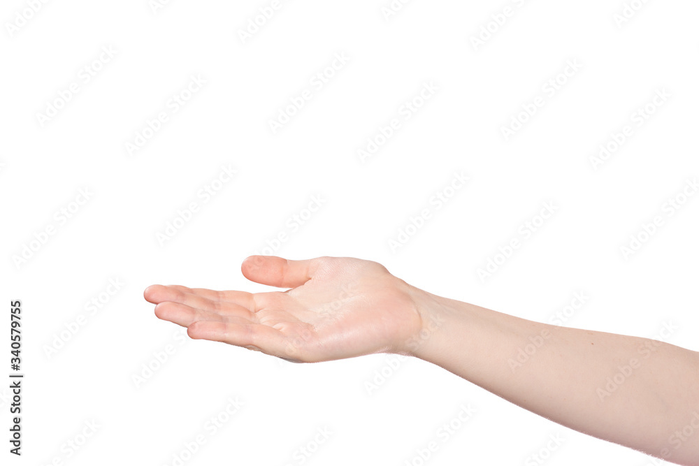 Female hand outstretched with open palm up. Isolated on a white background