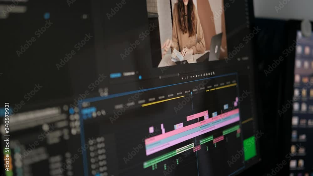 Create a video blog for social networks. Work in the program for video editing on personal computer or laptop close up. Navigation in a computer program. Online courses on the Internet. Closeup 4K