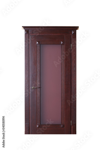 Dark wooden door under glass on a white background