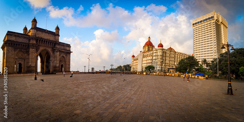 Gateway Of India and Taj Mahal Hotel in Mumbai, Maharashtra, India. The most popular tourist attraction, it is the unofficial icon of the city of Mumbai. Architecture Photography. photo