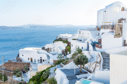 Beautiful view of famous romantic white town in Santorini Island  Greece