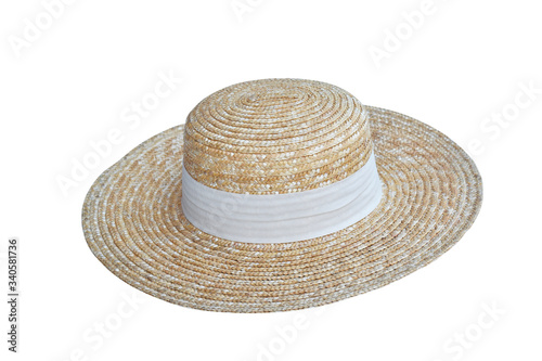 Beautiful straw hat, beautiful with a ribbon and bow on the beach hat, white background