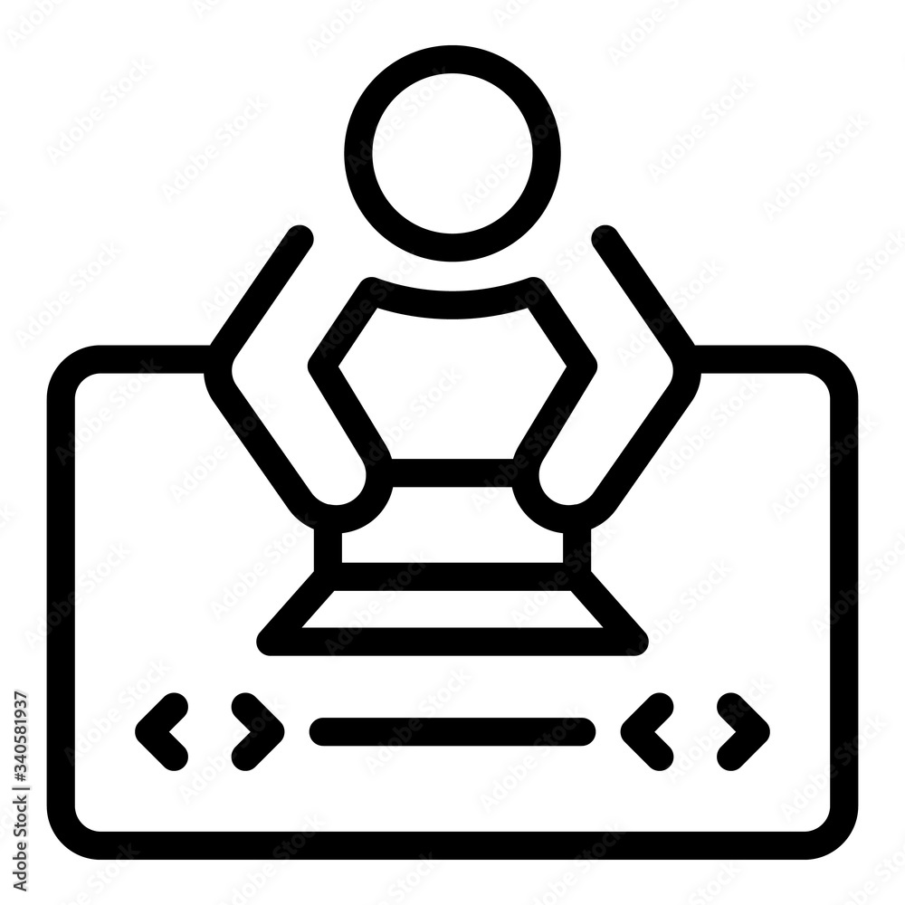 Developer in front of laptop icon. Outline developer in front of laptop vector icon for web design isolated on white background Developer in front of laptop icon. Outline developer in front of laptop vector icon for web design isolated on white background