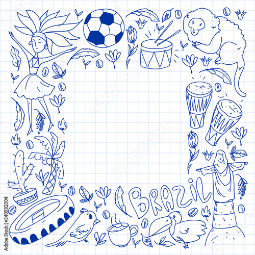 Rio de janeiro Brazil. Vector pattern with national symbols.
