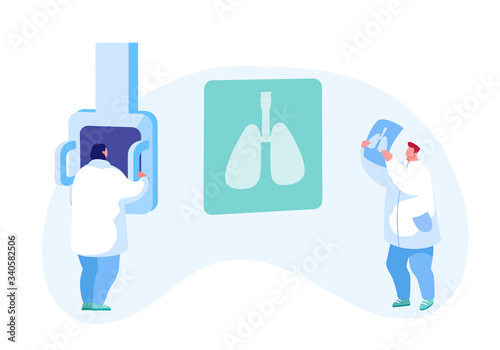 Tomography, Fluorographic Examination in Pulmonology Department. Lungs X-ray Medical Diagnostics. Doctor Character Research Pathology on Scan for Patient Diagnosis. Cartoon People Vector Illustration