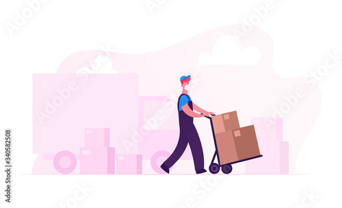 Relocation and Moving into New House. Worker Character in Medical Mask Push Trolley with Cardboard Box Unloading Truck. Delivery Company Loader Service at Covid19 Pandemic. Cartoon Vector Illustration