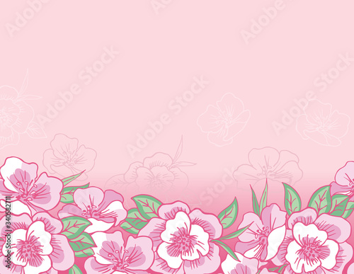 Pink Spring banner with flowers for online shopping, advertising actions, magazines and websites.  Romantic  background. Vector illustration. Masked objects isolated.