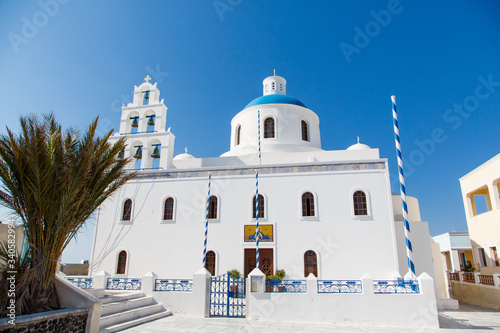 White church on the blue background, Santorini, Greece