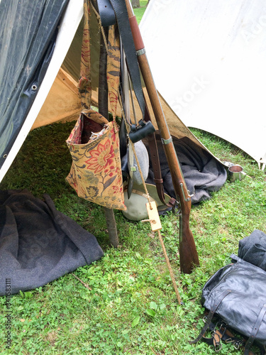 Canvas Print american civil war reenactment scene with white tent