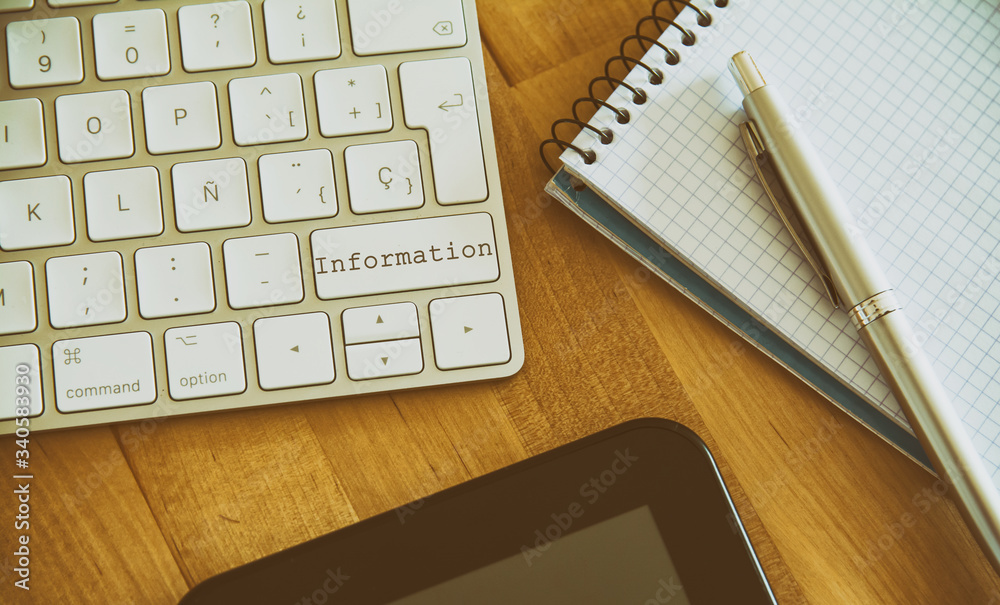 Keyboard with information button. Concept for any illustration of teleworking or teleworking and home workers Keyboard with information button. Concept for any illustration of teleworking or teleworking and home workers